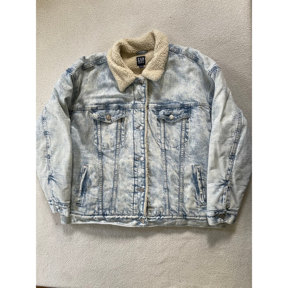 Gap Mens Large Jacket Light Willow Oversize Sherpa Lined Acid Wash Denim Trucker